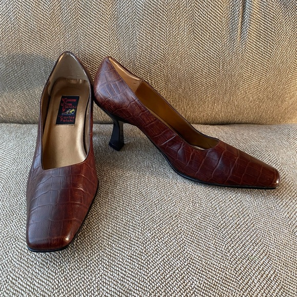 Carlos Falchi Croia Croc Texture Mid Geometric Shape Heel. Square Toe. Size 9.5. - Picture 3 of 13